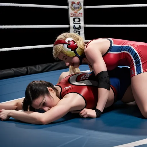 two women wrestling in a ring during a match in a ring ring, one of them is wearing a wrestling uniform, by Terada Katsuya