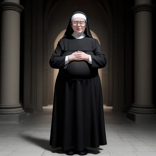 a nun standing in a room with columns and a black robe on her head and a black ball in her hands, by Cindy Sherman