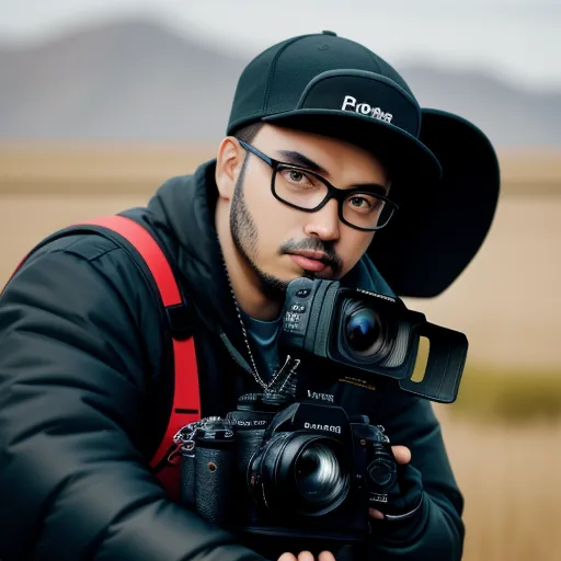 a man with a camera taking a picture of himself in a field of grass and mountains in the background, by Chen Daofu