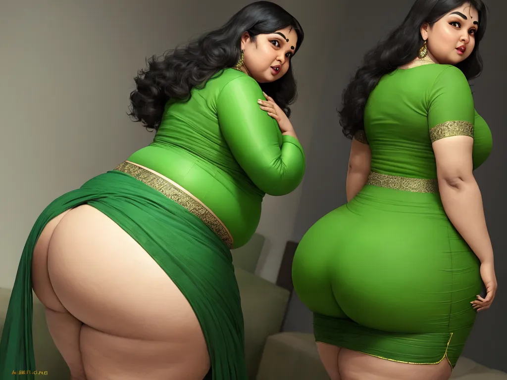 turn photo to 4k - a woman in a green dress is looking at her butts and butts in the mirror, while another woman in a green dress is looking at her, by Botero