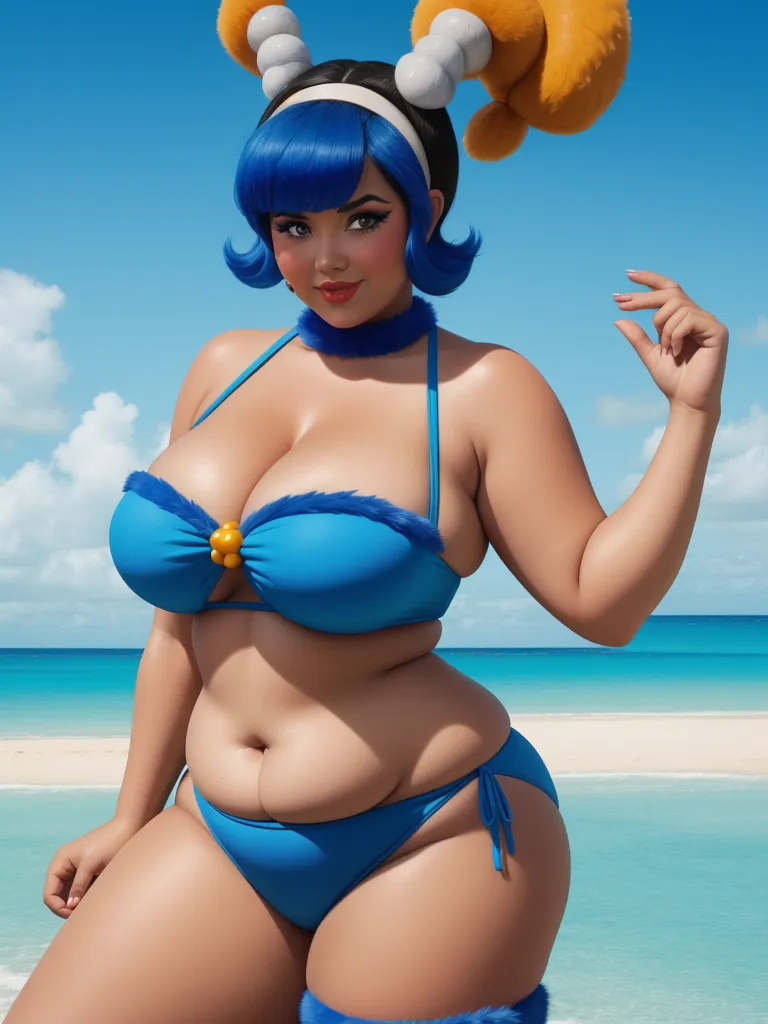 text image generator ai - a cartoon picture of a woman in a bikini on the beach with a stuffed animal on her head and a stuffed animal on her head, by Hanna-Barbera