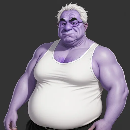 a man with a big belly and a white tank top on, with a purple background, is standing, by Akira Toriyama