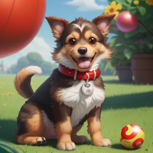 a dog sitting in the grass next to a ball and a ball with a name tag on it's collar, by Hanna-Barbera