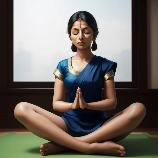 how to make photos high resolution - a woman in a blue dress sitting in a yoga position with her eyes closed and eyes closed, with her hands folded in front of her face, by Raja Ravi Varma