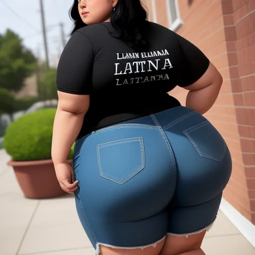 how to make pictures higher resolution - a woman in tight jeans and a black shirt is standing outside of a building with her butts up, by Botero