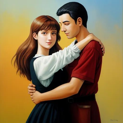 a painting of a man and a woman hugging each other with a yellow background behind them and a blue sky, by Osamu Tezuka