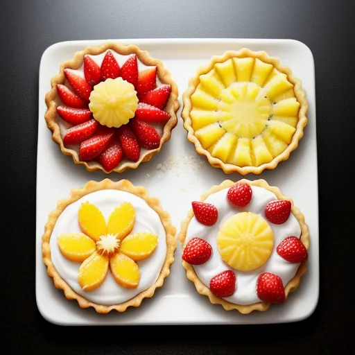 a white tray topped with four different types of pies and fruit pies on top of a table, by Benoit B. Mandelbrot