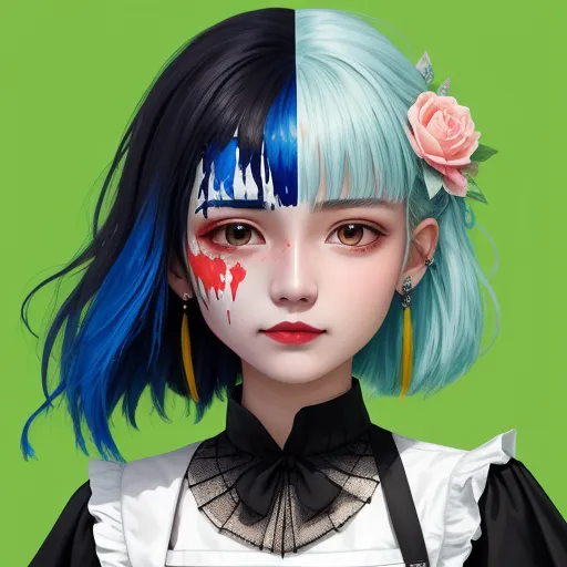 a girl with blue hair and a black shirt with a red and blue paint on her face and a pink flower in her hair, by Terada Katsuya