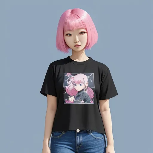 4k picture converter free - a girl with pink hair wearing a black shirt and jeans with a pink hair and a black t - shirt with a picture of a girl on it, by Hanabusa Itchō