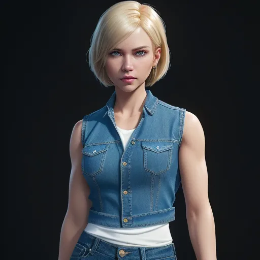 a woman in a jean vest and jeans poses for a picture in a black background with a black background, by Akira Toriyama