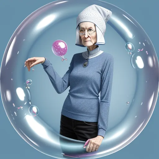 a woman in a blue shirt and a white hat holding a bubble with bubbles on it and a blue background, by Julie Blackmon