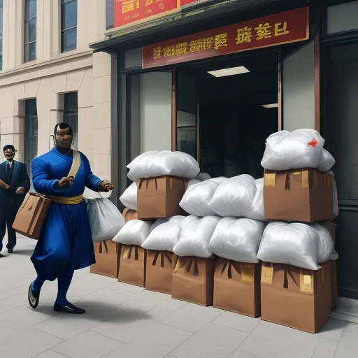 convert to high resolution - a man in a blue outfit carrying a cart of bags of rice on a city street with a man in a blue suit walking by, by Liu Ye