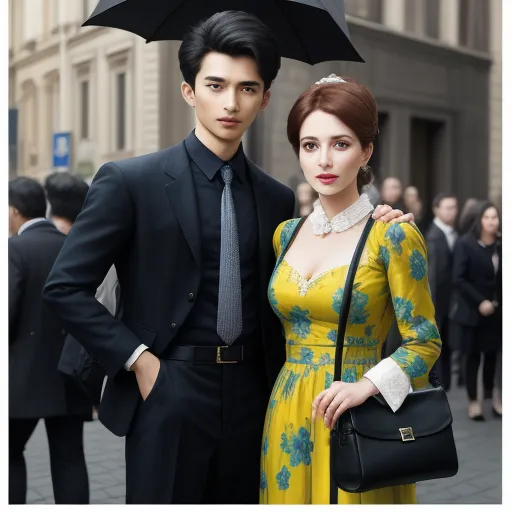 highest resolution image - a man and woman standing under an umbrella in a city street, dressed in black and yellow, with a woman in a yellow dress and a black suit, by Chen Daofu