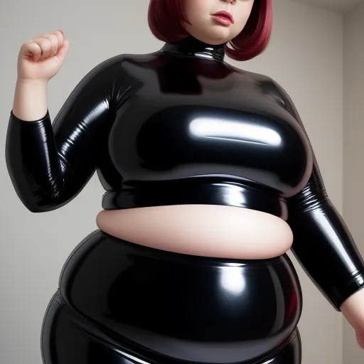 ai image generator text - a woman in a black latex outfit with a big breast and a large breast, posing for a picture, by Terada Katsuya