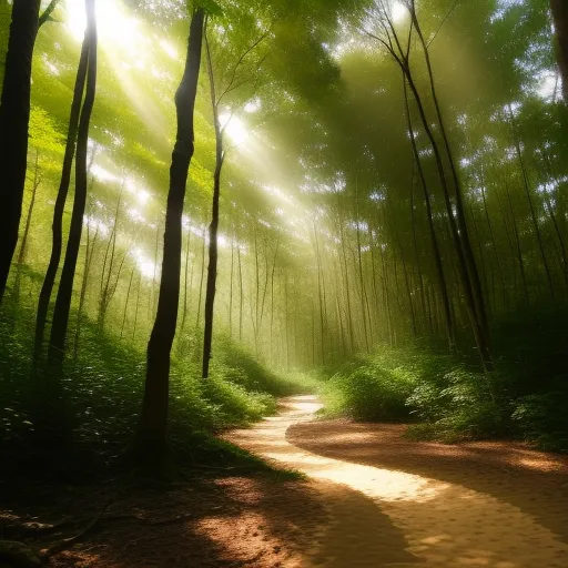ai image creator from text - a path in the woods with sun shining through the trees and the sun shining through the trees and the path is very bright, by Janek Sedlar