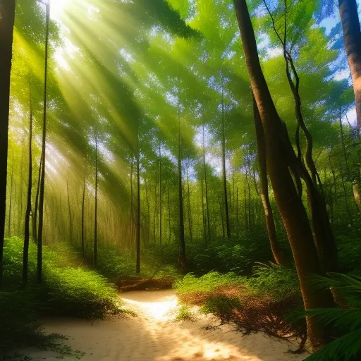 how do i improve the quality of a photo - a path through a forest with sun shining through the trees and grass on the ground and in the foreground, by Janek Sedlar