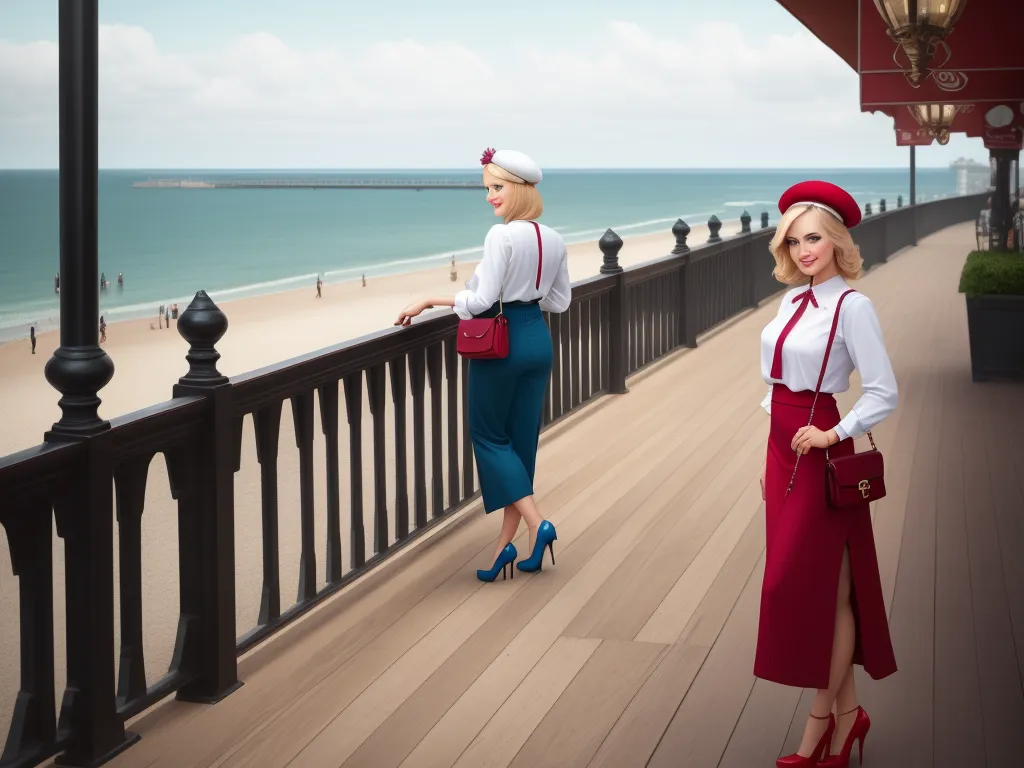 two women in red and white outfits standing on a balcony overlooking the beach and ocean with a pier in the background, by Jamie Baldridge