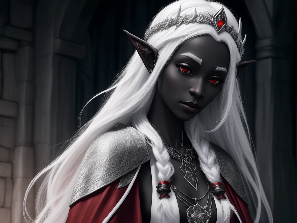 make image higher resolution - a woman with white hair and red eyes wearing a white dress and a red crown and a red heart, by Lois van Baarle