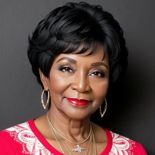 a woman with a red shirt and gold earrings on her head and a necklace on her neck and a red shirt on her shoulder, by Billie Waters