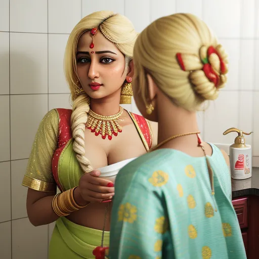 a woman in a green sari is looking at her reflection in a mirror with a red necklace on, by Kent Monkman