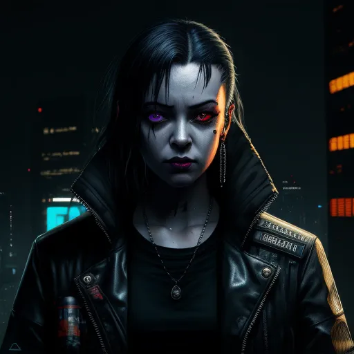 a woman with dark hair and purple eyes in a dark city at night with a neon light behind her, by Jeff Simpson