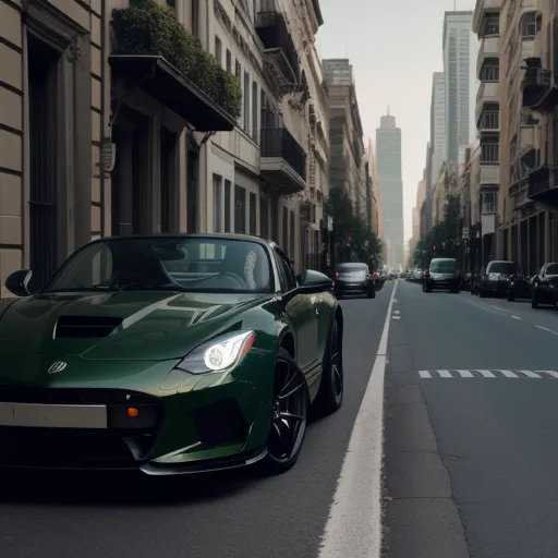 a green sports car parked on the side of a street next to tall buildings in a city with tall buildings, by Alessandro Galli Bibiena