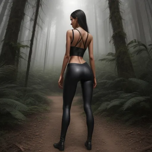 image size converter - a woman in a black top and black pants standing in the woods with trees and foggy sky behind her, by Edmond Xavier Kapp
