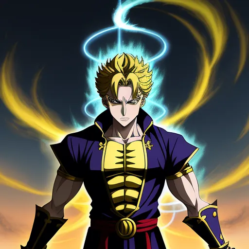 image ai generator from text - a cartoon character with a sword and a yellow and blue outfit on a dark background with a yellow and blue swirl, by Toei Animations