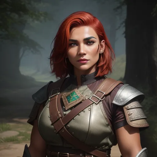 ai text to picture generator - a woman with red hair and armor in a forest with trees and a path behind her, with a forest in the background, by François Louis Thomas Francia