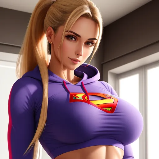 a woman in a purple shirt with a superman logo on her chest and a ponytail in her hair, standing in a room, by Akira Toriyama