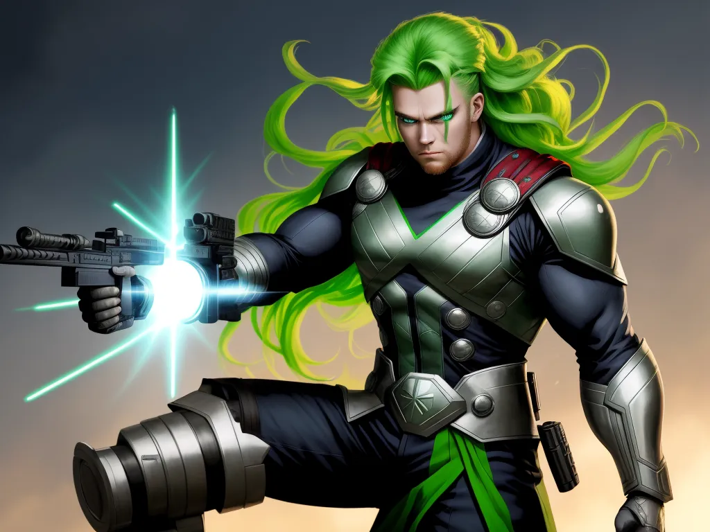 a man with green hair holding a gun and a light saber in his hand and a green hair on his head, by theCHAMBA