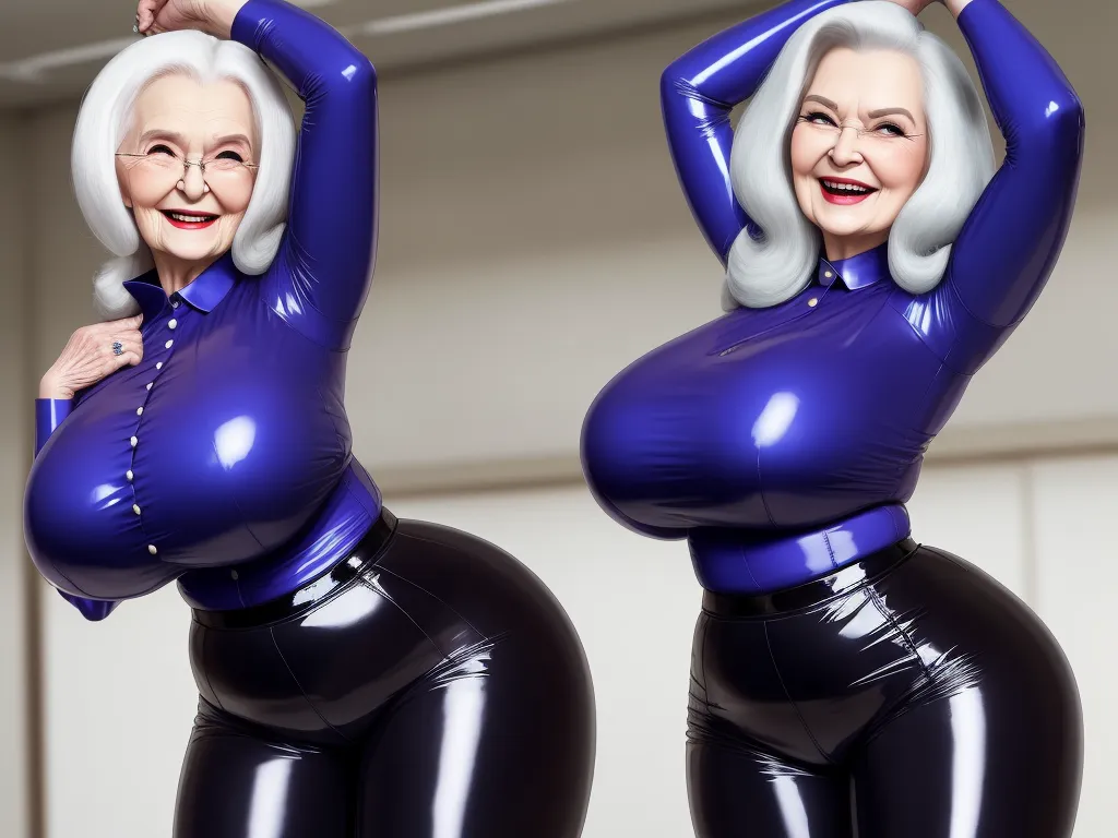 ai photo generator from text - a woman in a blue outfit is posing in a black latex suit and has her arms up in the air, by Botero