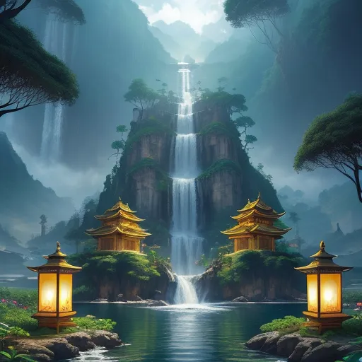 a waterfall with a waterfall and a lantern in the foreground and a waterfall in the background with trees and rocks, by Marianne North