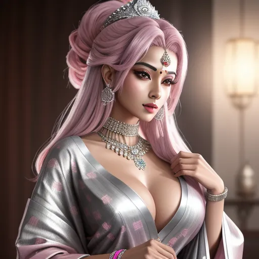 a woman with pink hair wearing a tiara and a dress with a diamond necklace and earrings on her head, by Hirohiko Araki