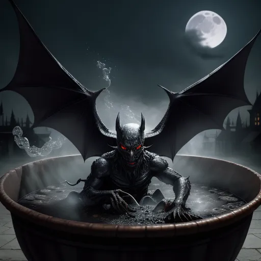 increase resolution of photo - a demonic creature sitting in a bathtub with a full moon in the background and a spooky demon on the side, by Cyril Rolando