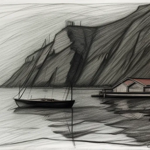 a drawing of a boat in the water near a house and a mountain range with a red roof and a red roof, by Edward Hopper