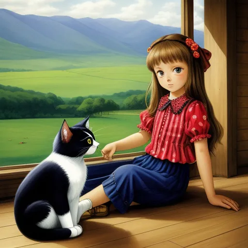 a painting of a girl and a cat sitting on the floor looking out a window at a valley and mountains, by Yoshiyuki Tomino