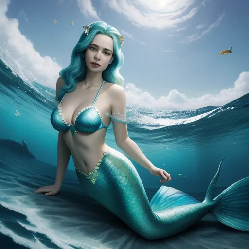 a mermaid with blue hair sitting on the water with a fish in her hand and a fish in her mouth, by Sailor Moon