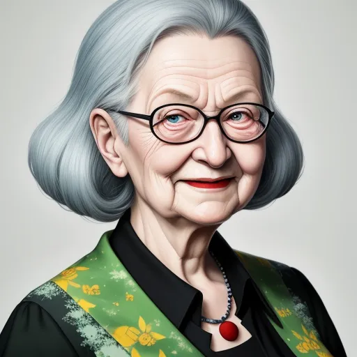 a portrait of an elderly woman with glasses and a green jacket on, with a red button in her left hand, by Sven Nordqvist