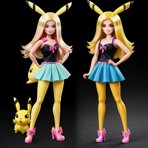 4k photo converter free - a couple of dolls that are standing next to each other in front of a black background with a pikachu, by Ken Sugimori
