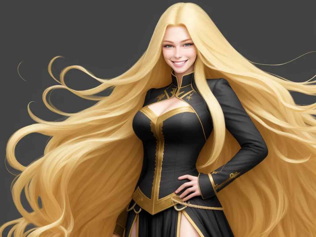 a woman with long blonde hair and a black outfit with gold trims and a sword on her chest, by Hsiao-Ron Cheng