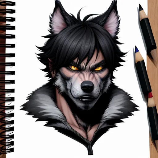change image resolution online - a drawing of a wolf with yellow eyes and a black hair and a white jacket with a hood on, by Bakemono Zukushi