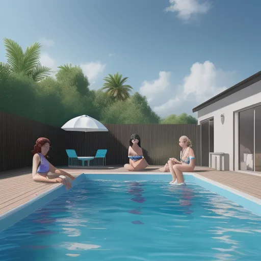 text to illustration ai - a couple of women sitting next to a pool in a backyard with a table and chairs on it and a umbrella, by Alex Katz