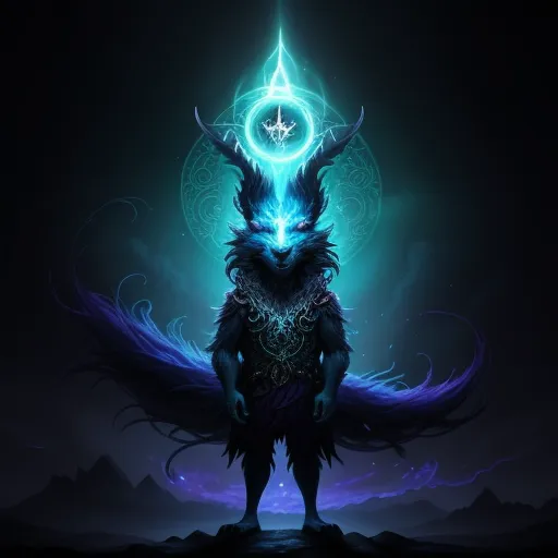 a demon with a glowing blue light on his face and a blue light on his head, standing in front of a dark background, by Anato Finnstark