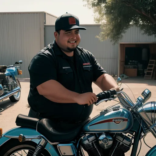 advanced ai image generator - a man sitting on a motorcycle smiling for the camera while wearing a hat and black shirt and jeans and a black cap, by Dan Smith