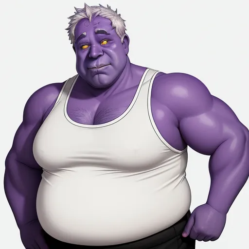 a cartoon of a man with a big belly and a white tank top on, with a purple face, by Hirohiko Araki