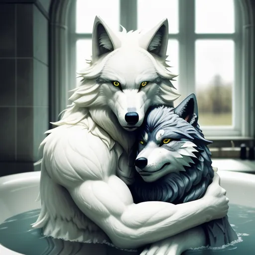 a white wolf and a gray wolf are hugging in a tub of water with windows in the background and a window behind them, by Cyril Rolando