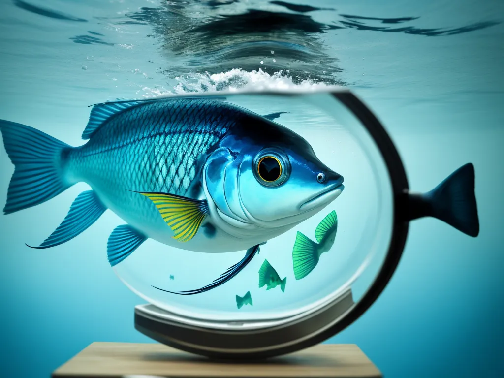 a fish in a bowl with a fish in it's mouth under water with a person in the background, by Amandine Van Ray