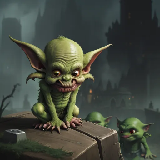 a cartoon of a green creature sitting on a suitcase with two smaller green creatures in the background, with a castle in the background, by Antonio J. Manzanedo