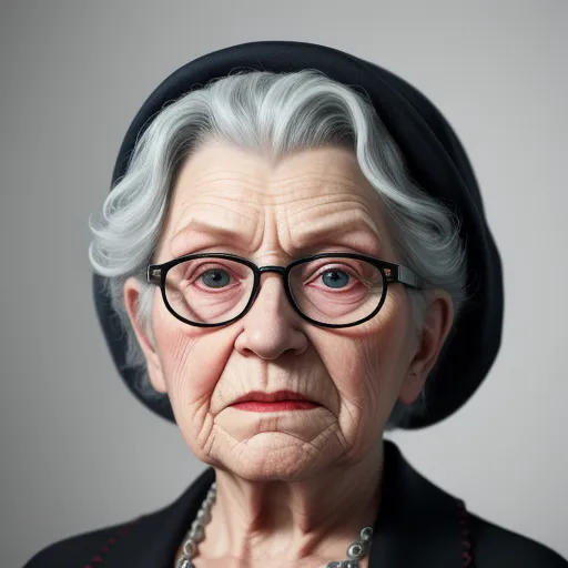 ai that generates images - an old woman with glasses and a hat on her head is looking at the camera with a serious look on her face, by Gottfried Helnwein